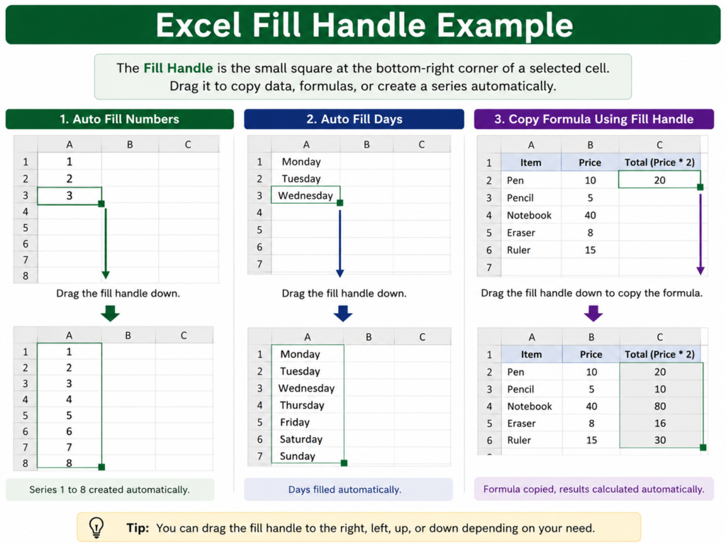 Excel Fill Handle example showing auto fill numbers formulas and days automatically
