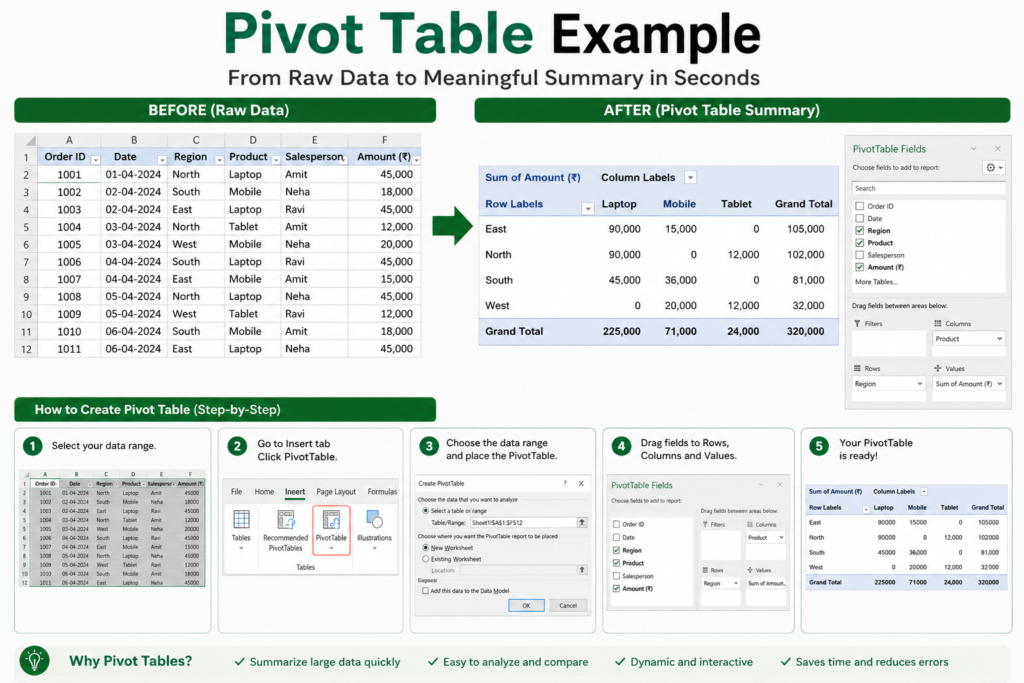 Pivot Table example in Excel showing raw sales data converted into a summary report