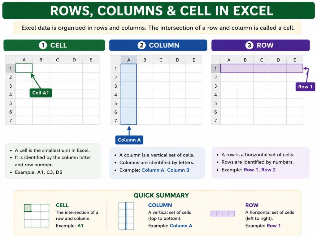 Excel worksheet example showing rows columns and cell A1 for beginners
